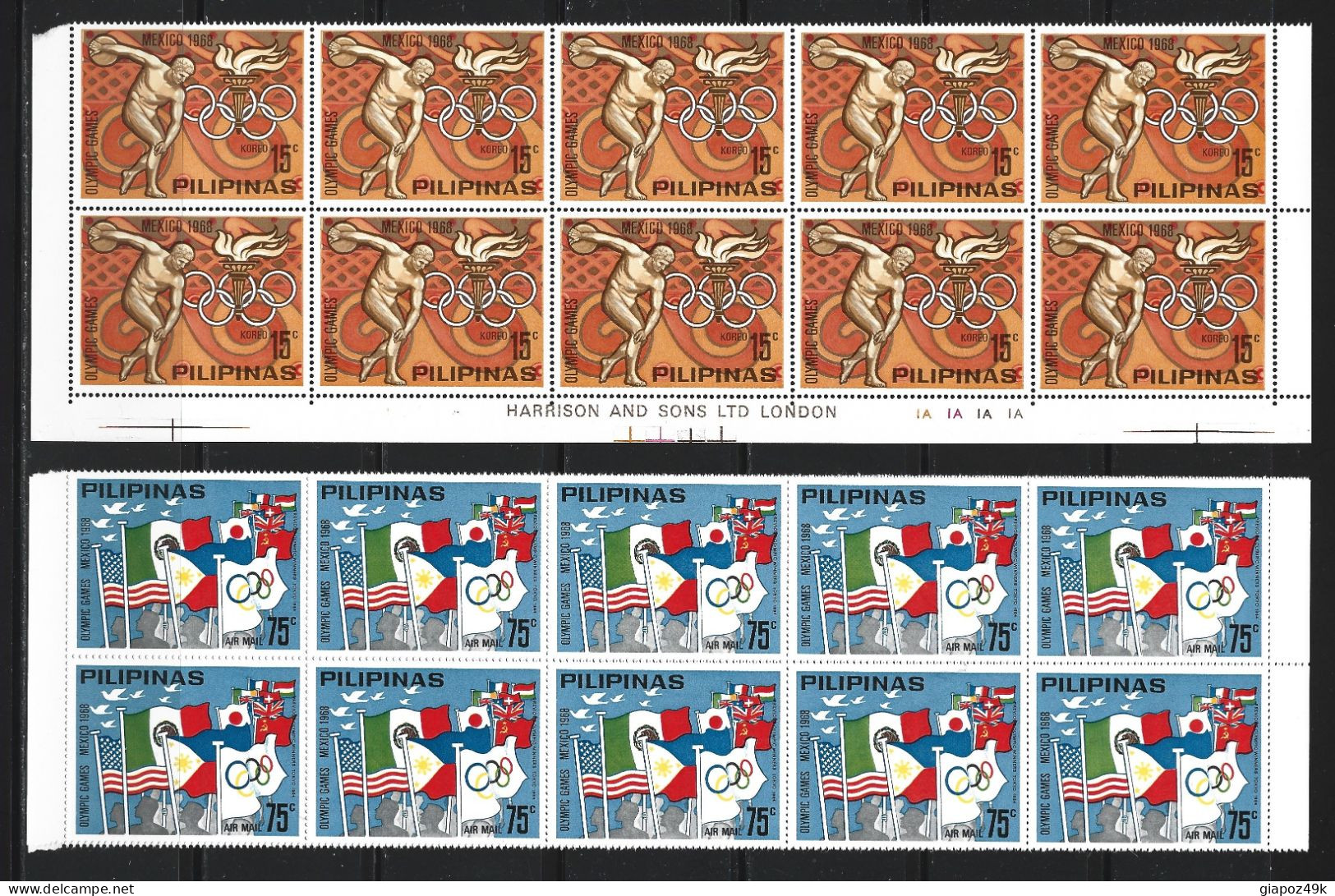 ● PILIPINAS 1968 1969 ֎ MEXICO 68 ֎ Sport ● Bandiere ● Discobolo ● Serie + PA ** MNH X 10 ● Dentellati ● Lotto N. XX ● - Philippines