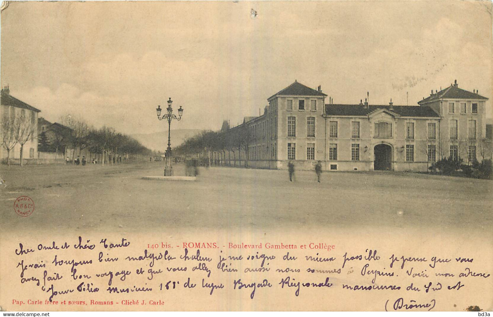 26 - ROMANS - BOULEVARD GAMBETTA ET COLLEGE - Pap. Carle Frère Et Soeurs Romans Cliché J. Carle - 140 Bis - Romans Sur Isere