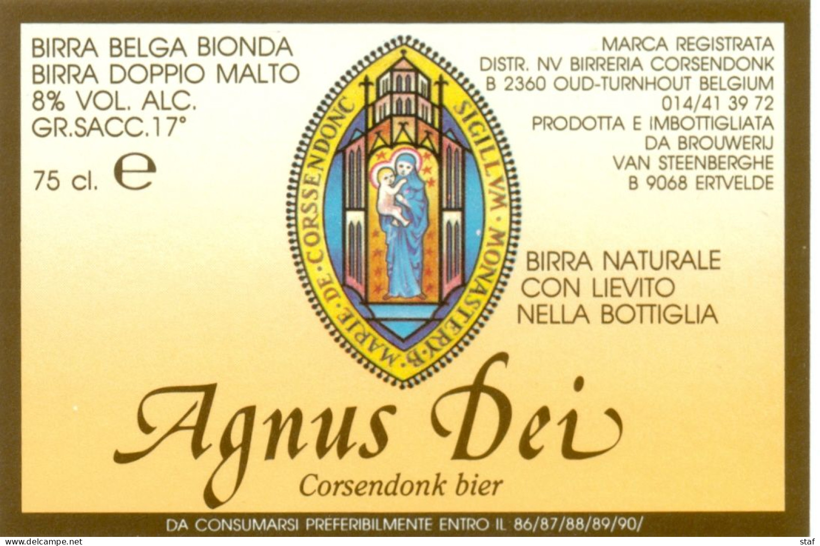 Oud Etiket Bier Agnus Dei - Corsendonk Bier- Brouwerij / Brasserie Van Steenberge Te Ertvelde - Cerveza