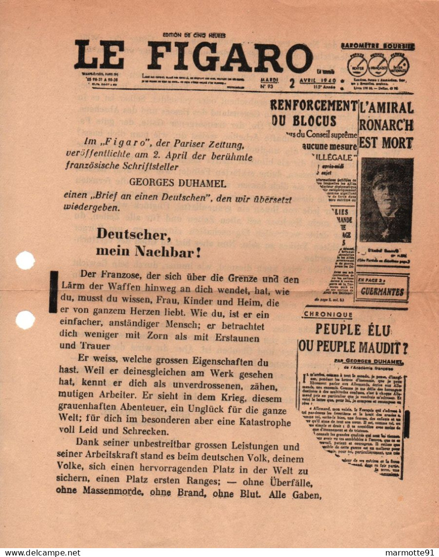 TRACT ANTI ALLEMAND LE FIGARO 1939 1940 DROLE DE GUERRE REICH PROPAGANDE    # 32 - 1939-45