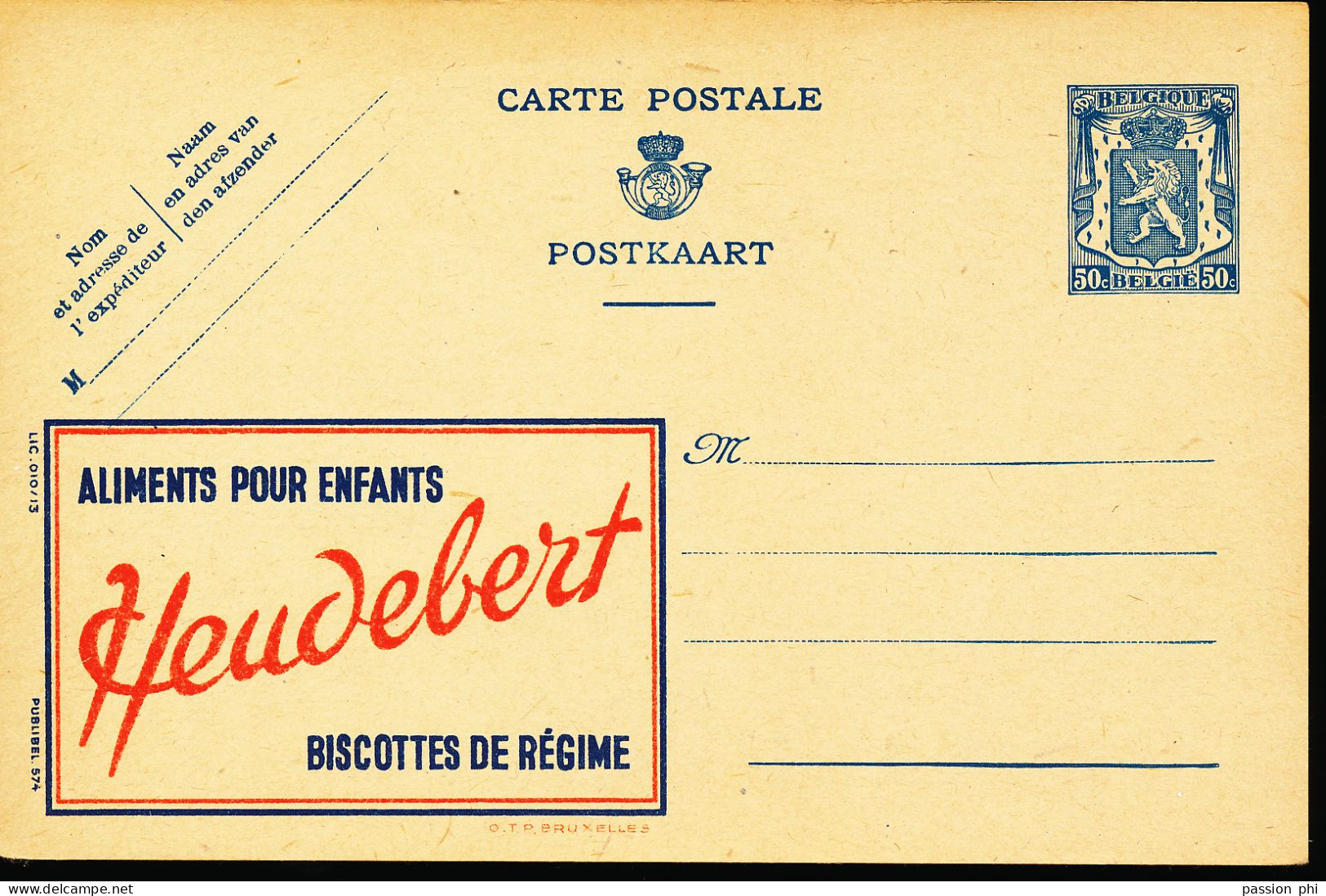 BELGIUM PPS 50C BLUE "SCEAU D'ETAT" SBEP PUBLIBEL 574 UNUSED - Werbepostkarten