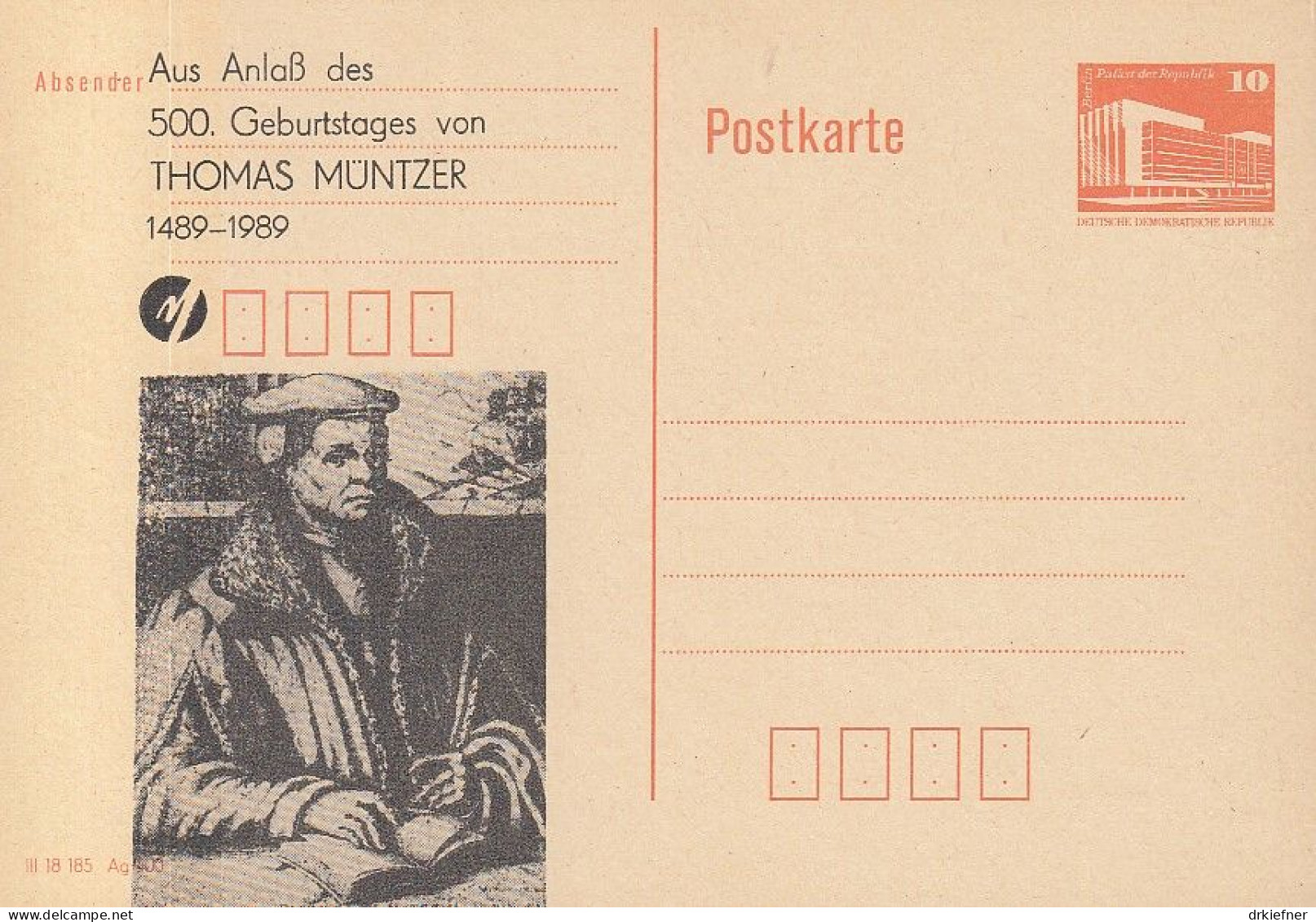 DDR PP 19 II, Ungebraucht, 500. Geburtstag Thomas Müntzer, 1989 - Privatpostkarten - Ungebraucht