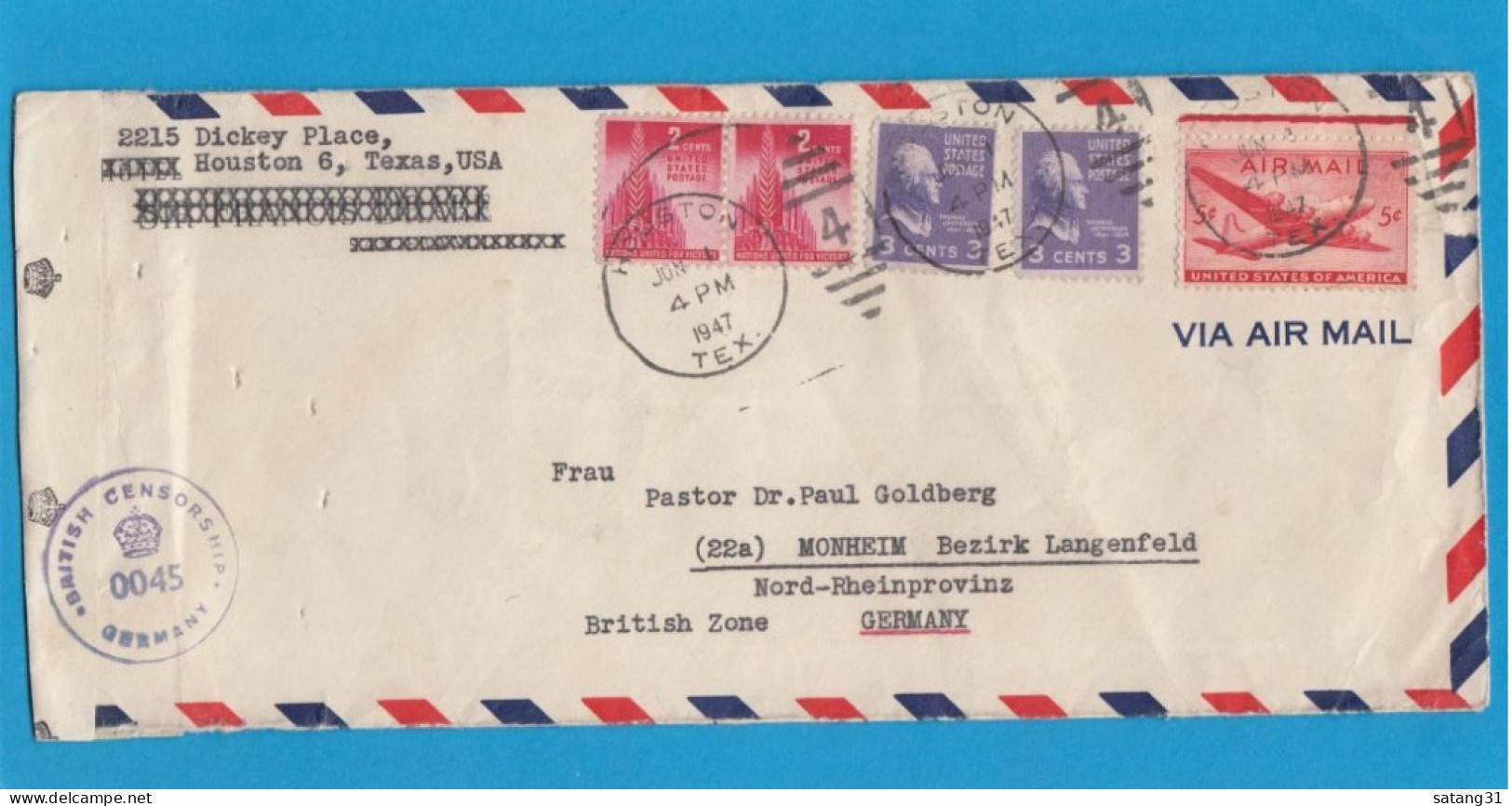 LETTRE PAR AVION DE HOUSTON POUR MONHEIM,ALLEMAGNE,OUVERTE PAR LA CENSURE ANGLAISE,1947. - 2c. 1941-1960 Briefe U. Dokumente