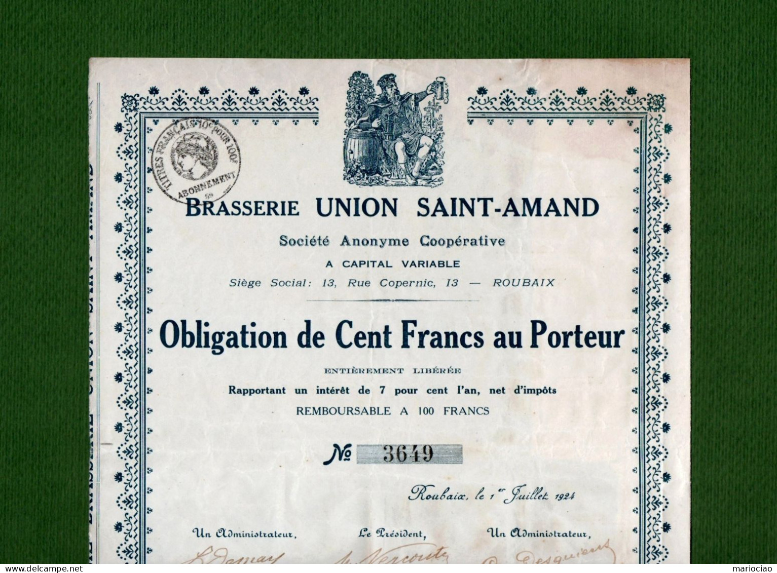 T-FR BRASSERIE UNION SAINT-AMAND ROUBAIX 1924 - Other & Unclassified