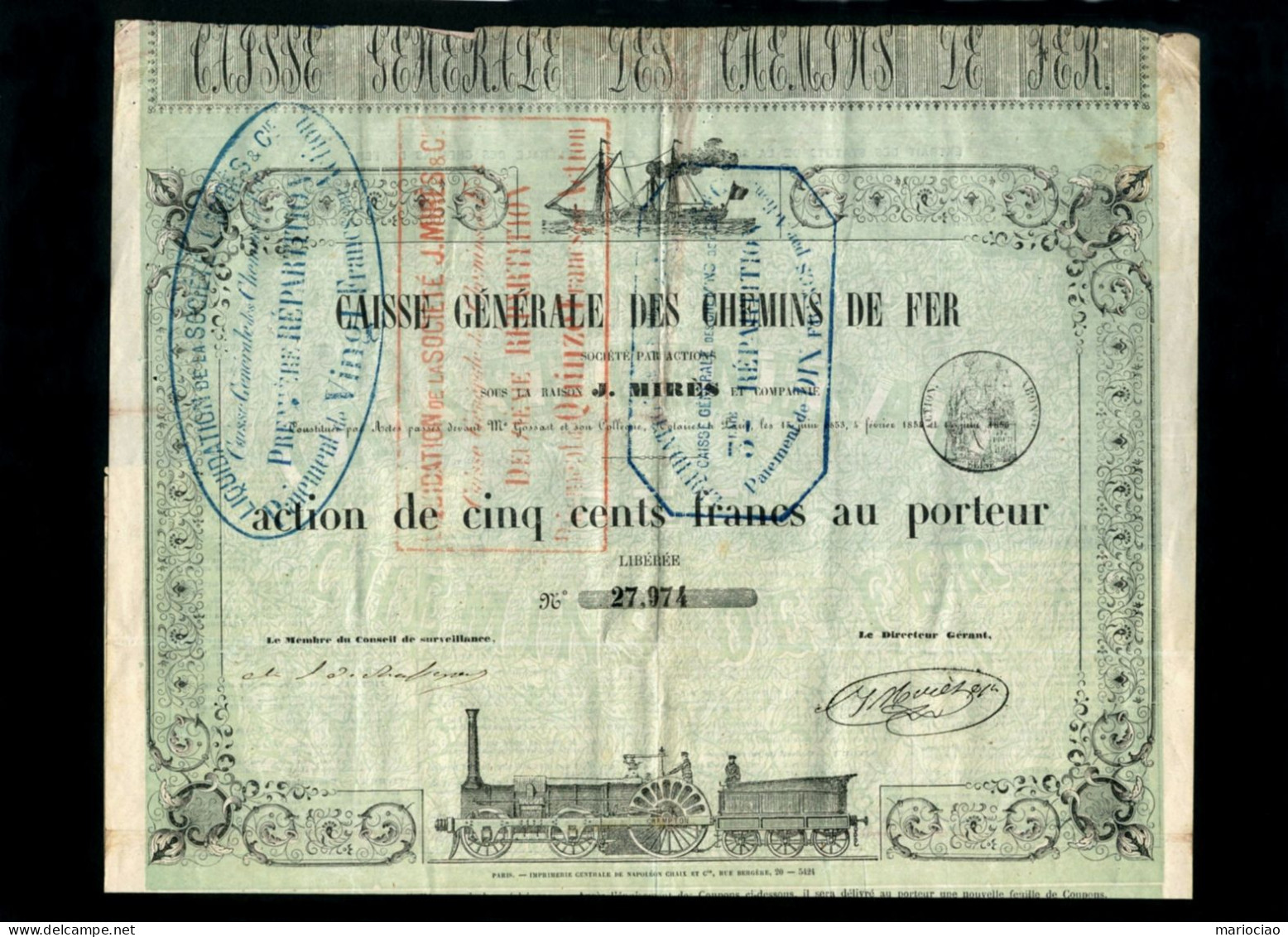 T-FR Caisse Générale Des Chemins De Fer 1856 - Chemin De Fer & Tramway