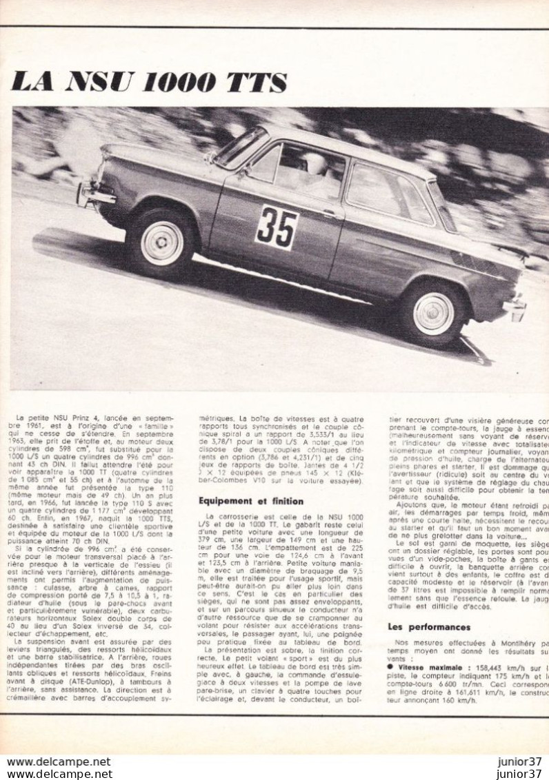 Feuillet De Magazine NSU 1000 TTS 1968 - Automobili