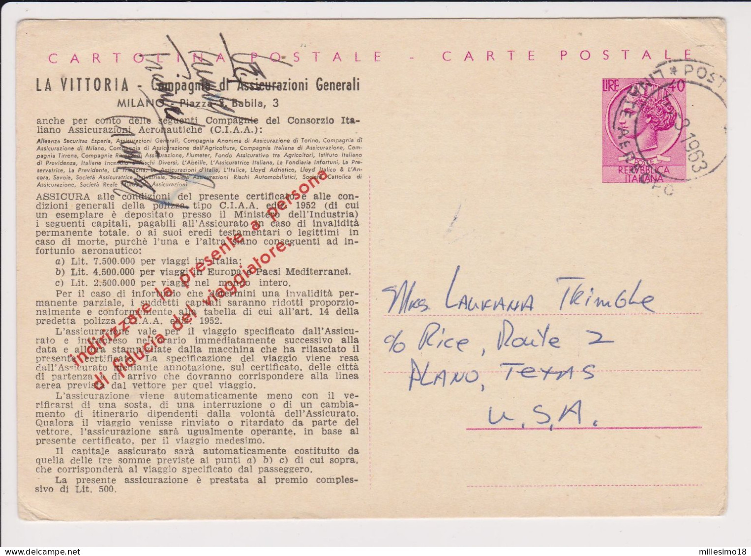 Italia 1963 Assicurativa Di Volo Intero Postale Siracusana Lire 40 Assicurazione La Vittoria X USA Alamo Texas LEGGI - Interi Postali