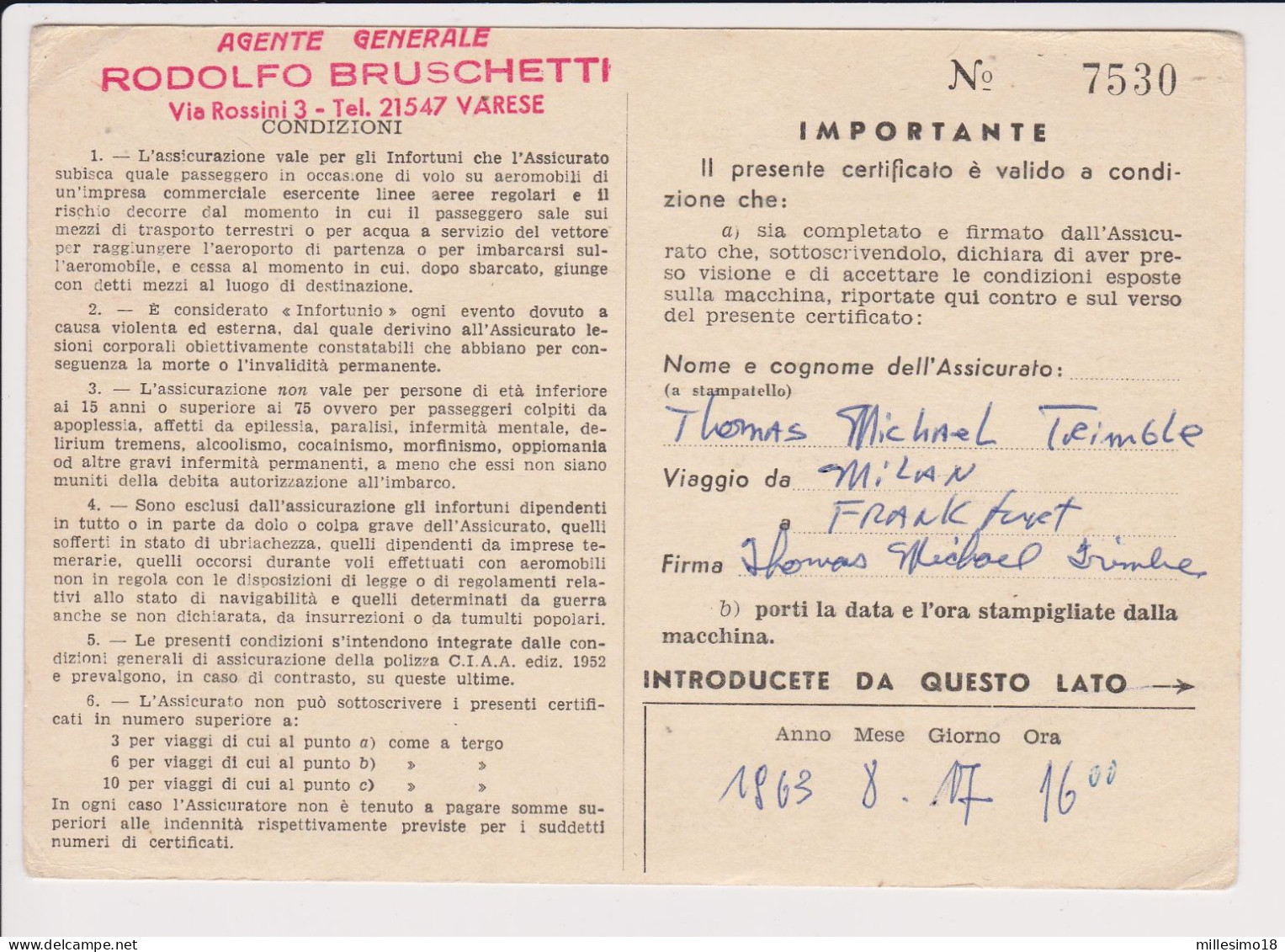 Italia 1963 Assicurativa Di Volo Intero Postale Siracusana Lire 40 Assicurazione La Vittoria X USA Alamo Texas LEGGI - Postwaardestukken