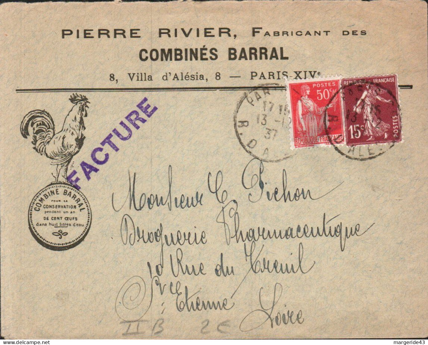 AFFRANCHISSEMENT COMPOSE SUR LETTRE A EN TETE DE PARIS 1937  COQ - Postal Rates