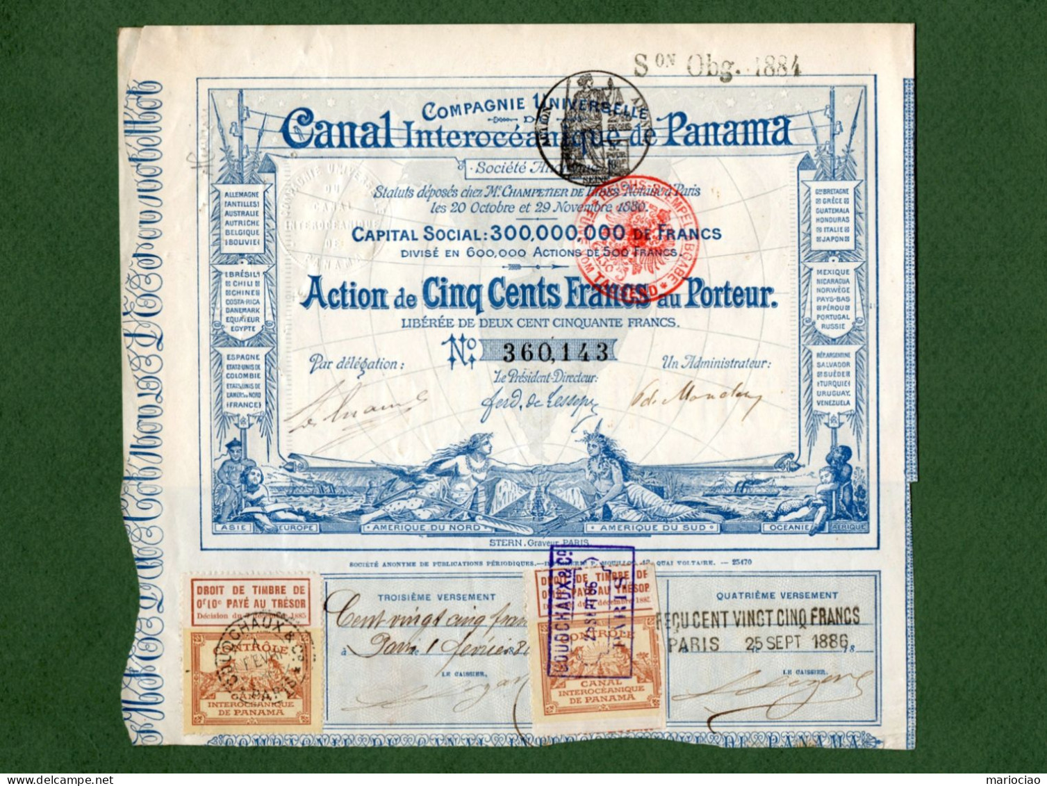 T-FR Deutsch Steuermarke Cachet Fiscal Alllemand CANAL INTEROCEANIQUE DE PANAMA 1884 - Sonstige & Ohne Zuordnung