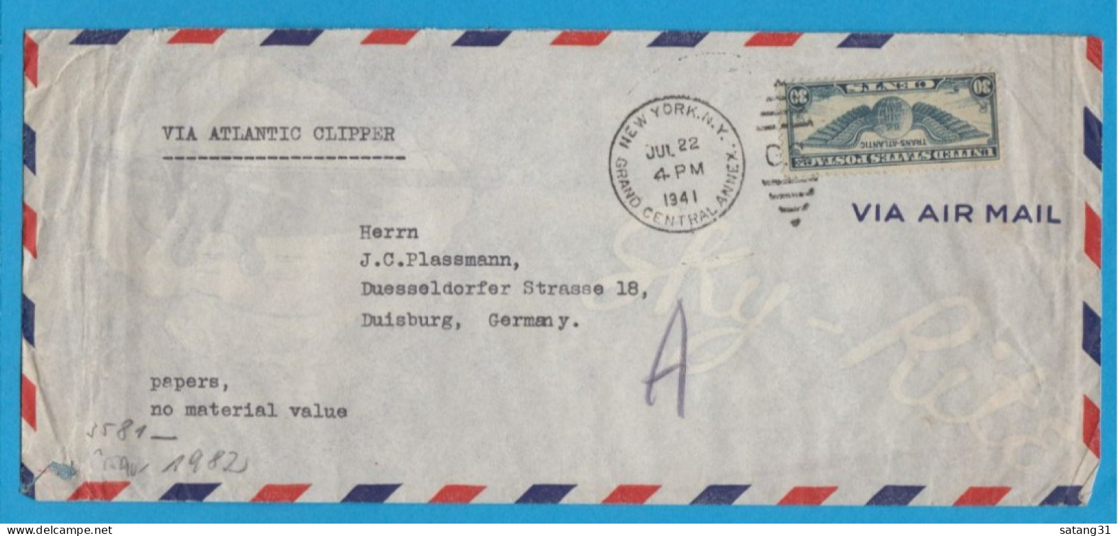 LETTRE PAR AVION DE NEW YORK POUR DUISBURG,OUVERTE PAR LA CENSURE  ALLEMANDE,1941. - 1c. 1918-1940 Lettres