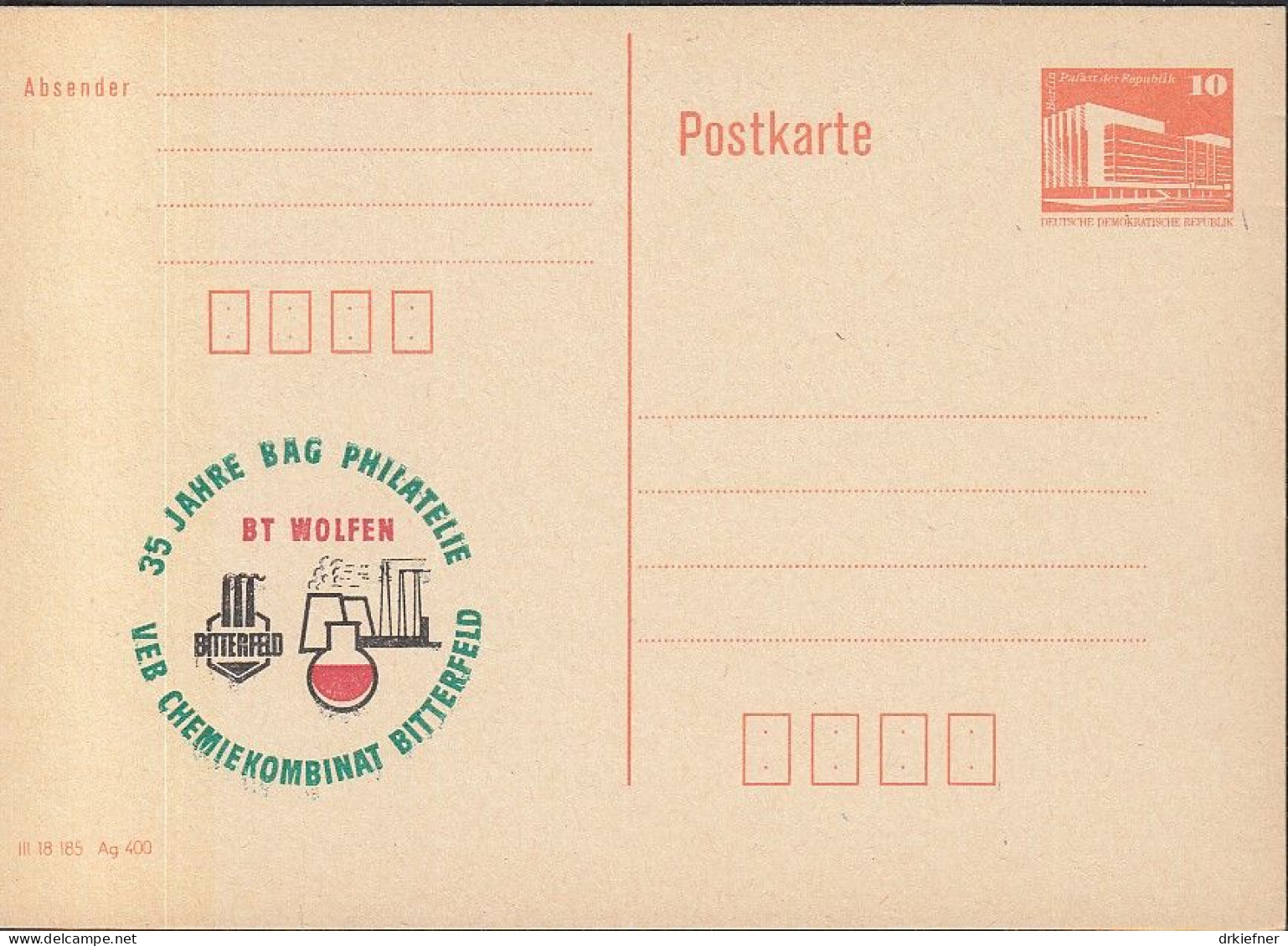 DDR PP 19 II, Ungebraucht, 35 Jahre BAG Philatelie BT Wolfen, Bitterfeld, 1989 - Privé Postkaarten - Ongebruikt