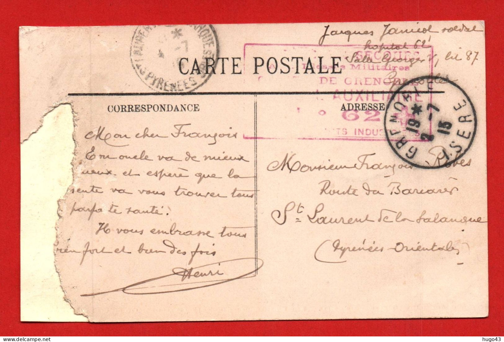 (RECTO / VERSO) CPA ABIMEE - AVEC CACHET MILITAIRE HOPITAL AUXILIAIRE DE GRENOBLE N° 62 EN 1915 - Lettres & Documents