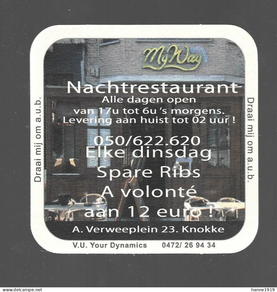 Knokke My Way Nachtrestaurant Bierviltje Herbie's Frituur Beer Coaster Sous Bock Htje - Bierviltjes