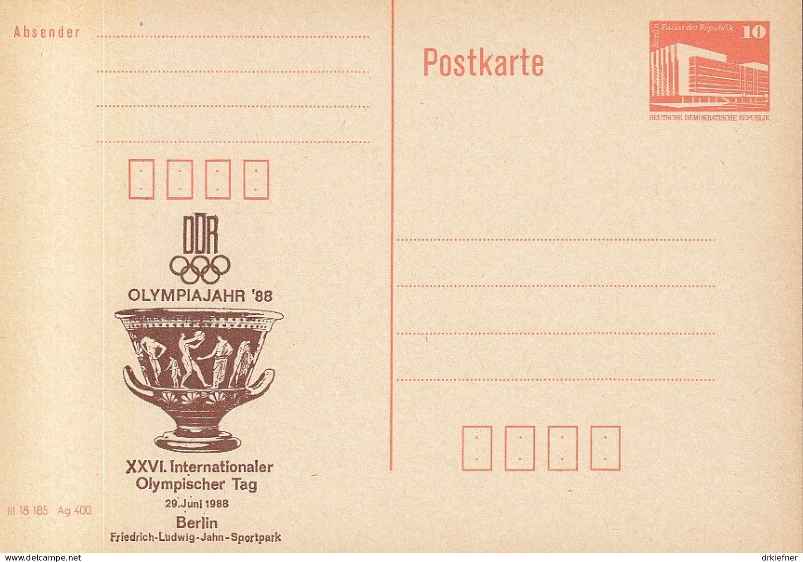 DDR PP 19 II, Ungebraucht, XXVI Olympischer Tag Berlin, 1988 - Privatpostkarten - Ungebraucht