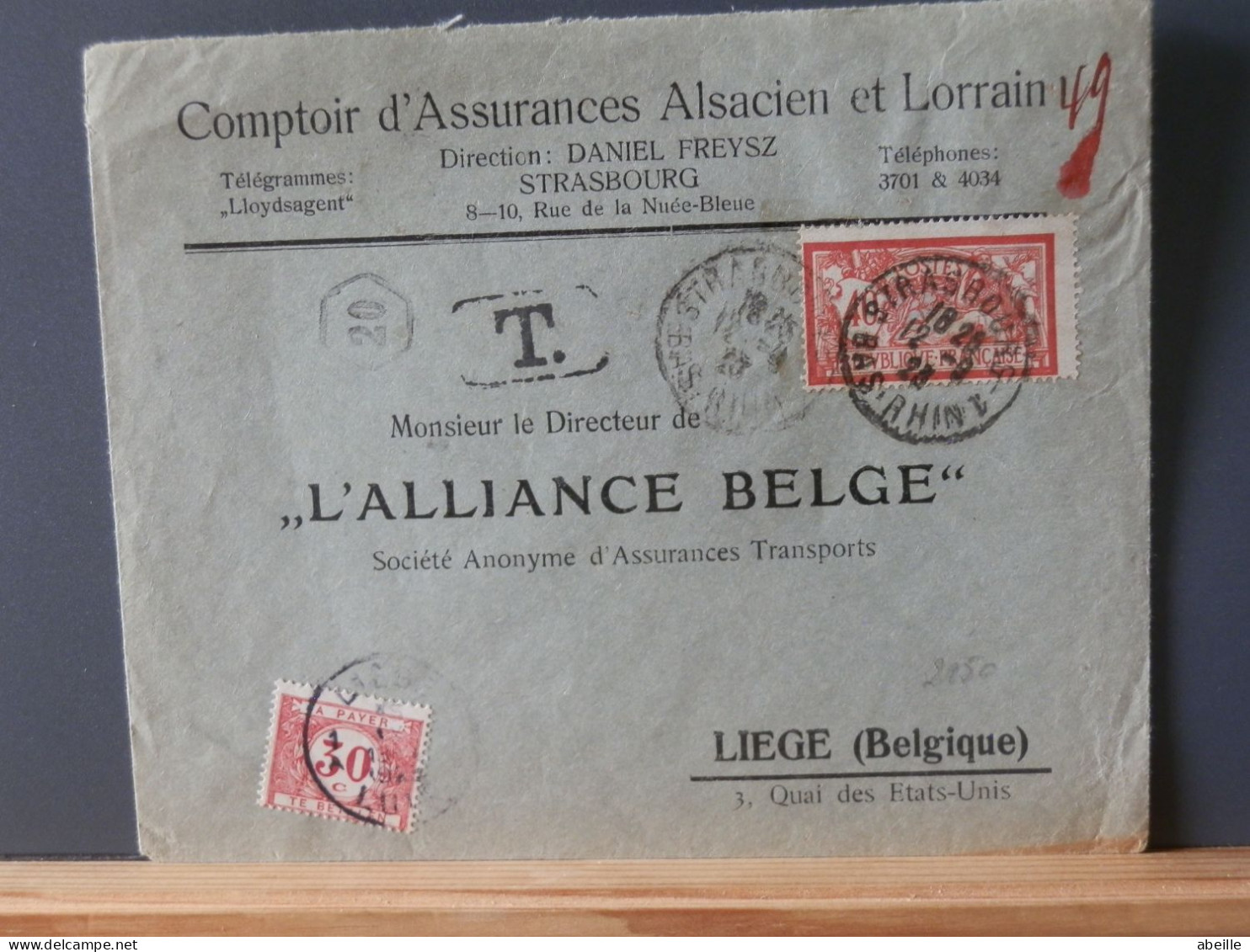 FRANCE/2150   LETTRE   FRANCE POUR LA BELG. 1928 TAXEE - 1900-27 Merson