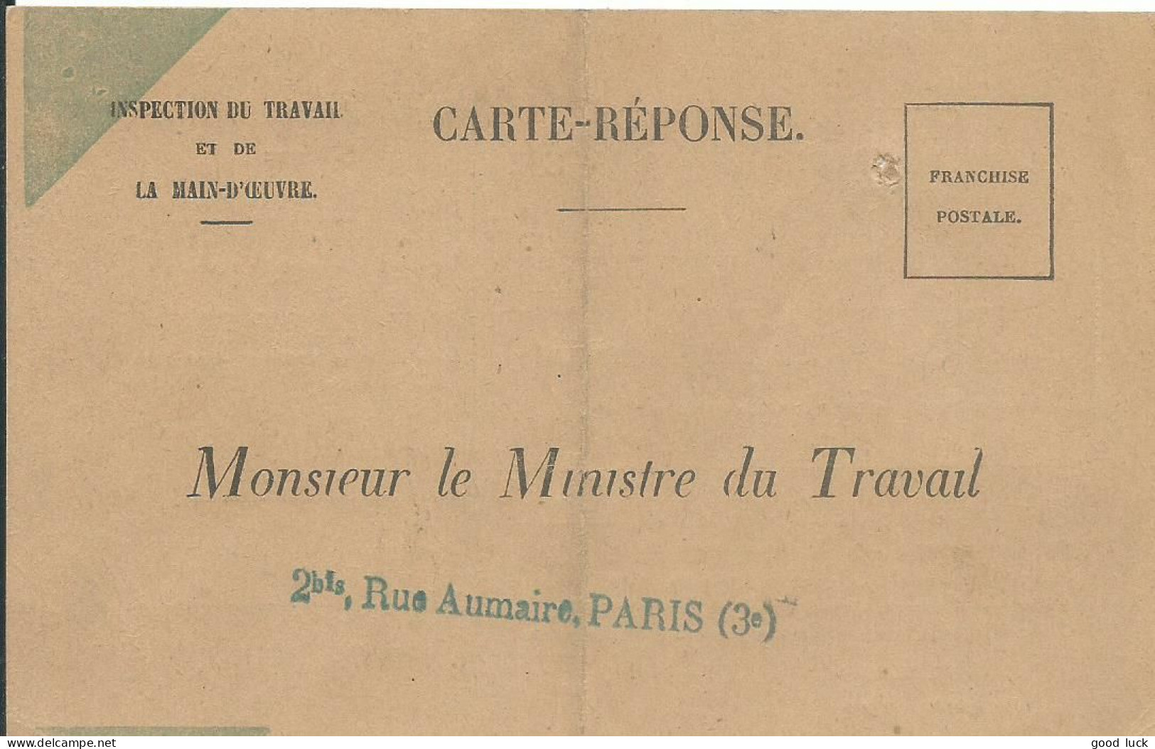 FRANCE CARTE REPONSE INSPECTION DU TRAVAIL  POUR UNE CUISINIERE DE 1947 LETTRE COVER - Civil Frank Covers