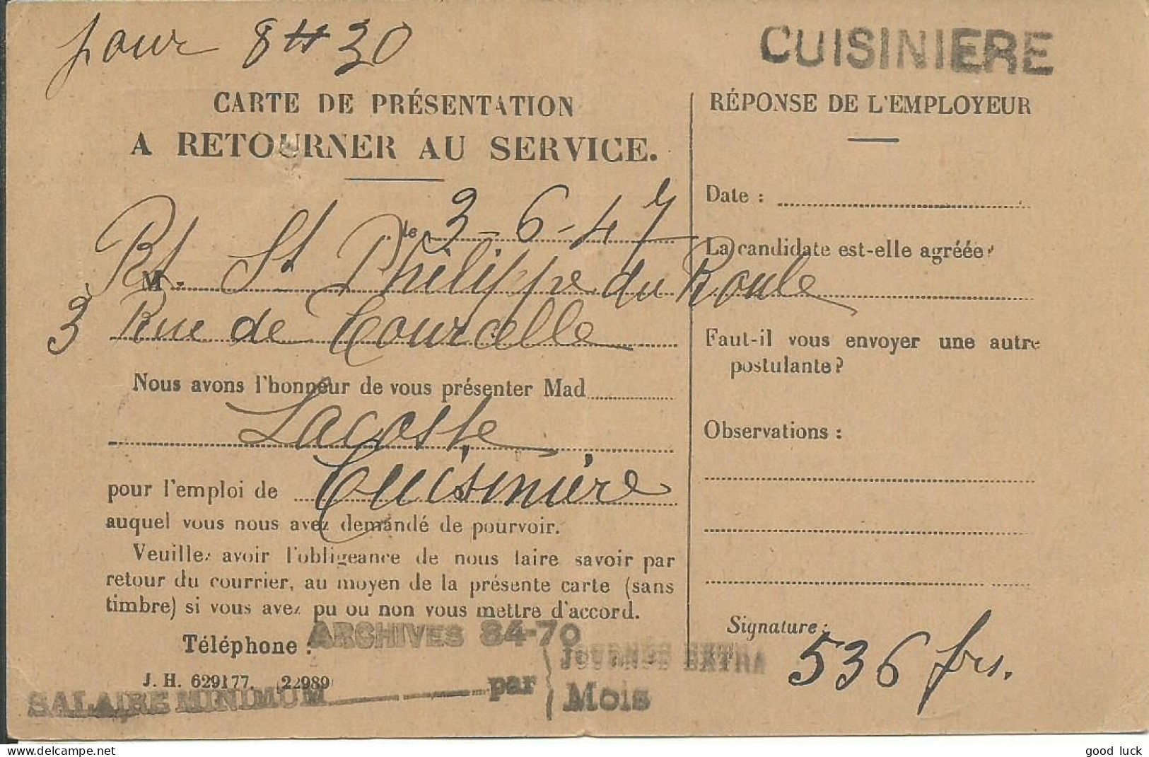 FRANCE CARTE REPONSE INSPECTION DU TRAVAIL  POUR UNE CUISINIERE DE 1947 LETTRE COVER - Frankobriefe