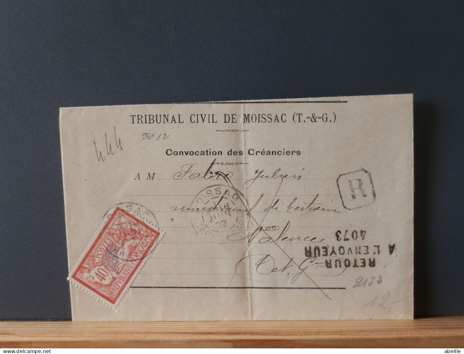 FRANCE/2152    LETTRE RECOMM. MOISSAC   1902  RETOUR 40C MERSON - 1900-27 Merson