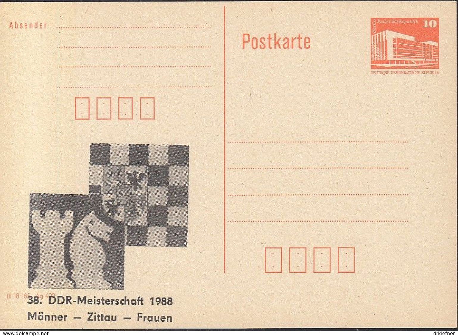 DDR PP 19 II, Ungebraucht, 38. DDR-Schach-Meisterschaft, Zittau, 1988 - Cartes Postales Privées - Neuves