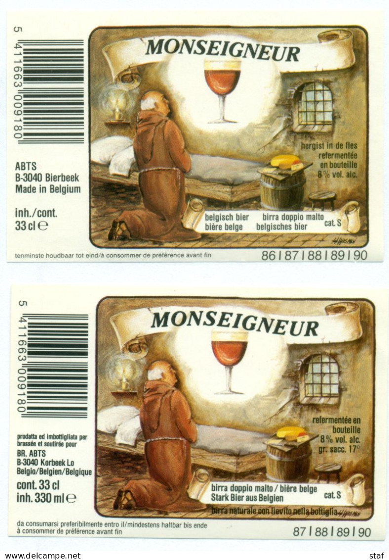 2 Verschillende Oude Etiketten Bier Monseigneur  - Brouwerij / Brasserie ABTS Te Bierbeek - Birra