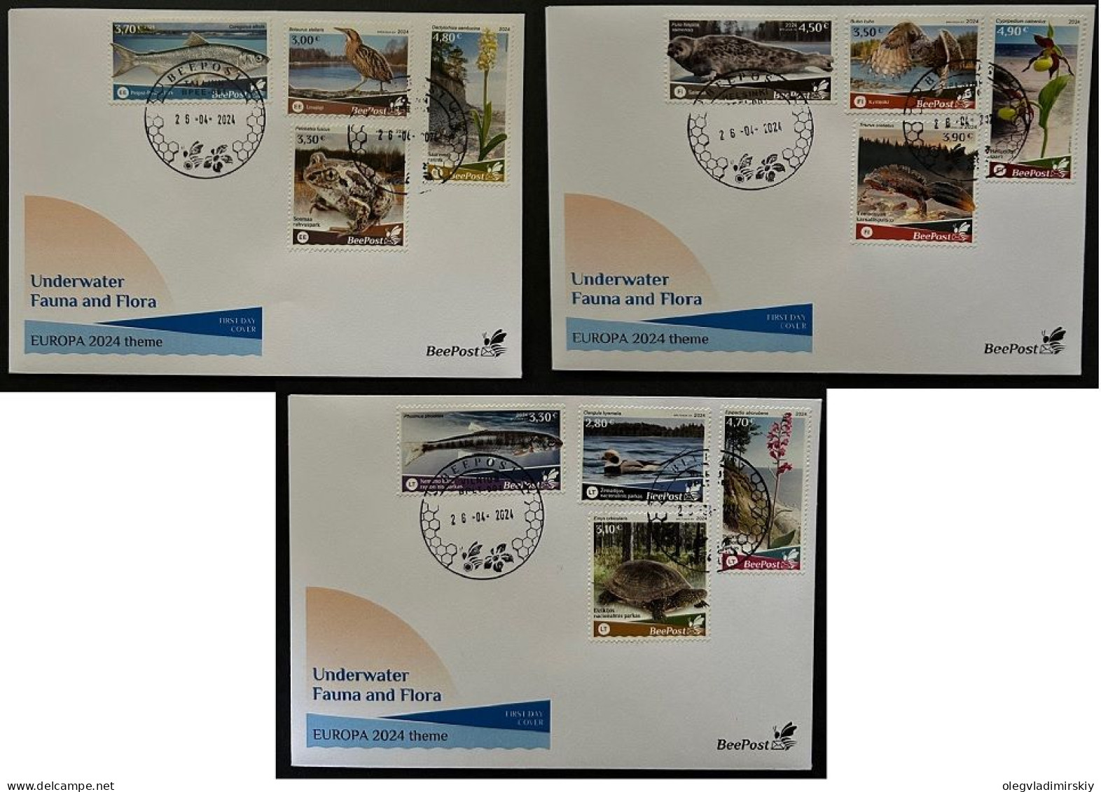 Estonia Finland Lithuania 2024 Water Flora And Fauna Birds Turtle Fishes Orchids Seal Triton Frog Europa BeePost FDC Set - 2024
