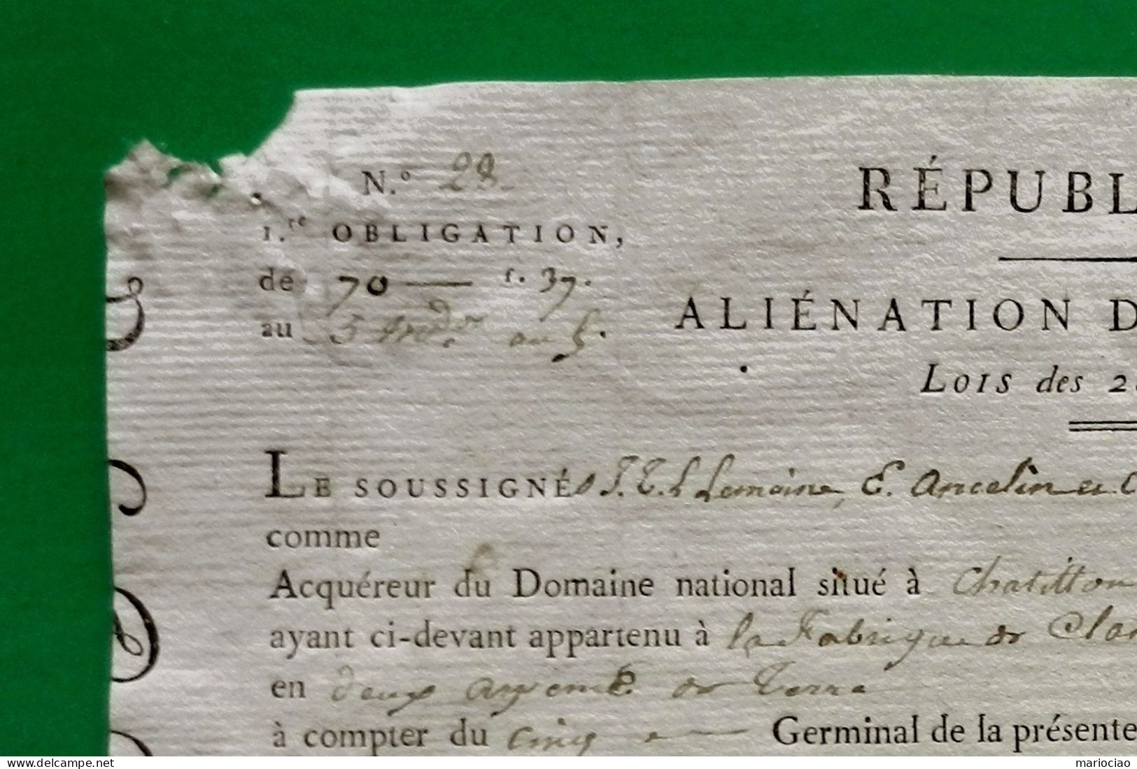 T-FR Révolution 1797 ALIENATION DES DOMAINES NATIONAUX N.28 Clamart Chatillon Joachim Thaddée Louis Lemoine - Other & Unclassified