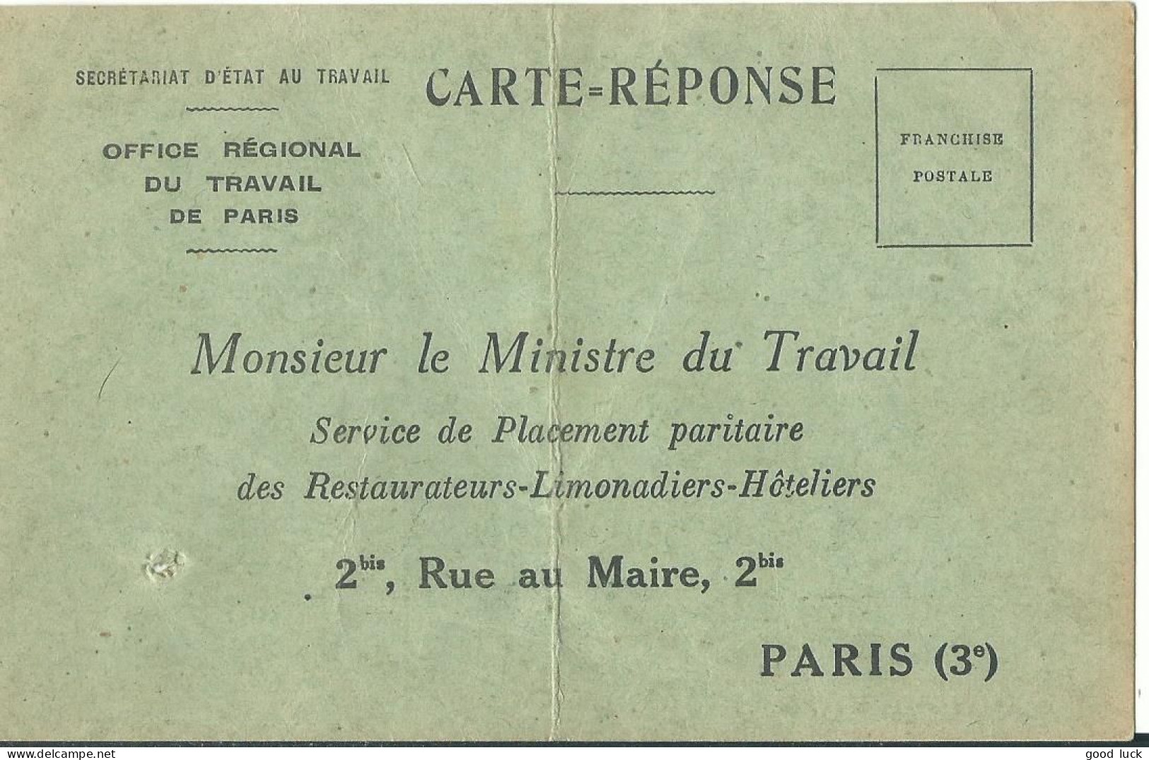 FRANCE CARTE REPONSE MINISTERE DU TRAVAIL POUR UNE CUISINIERE DE 1912 LETTRE COVER - Civil Frank Covers