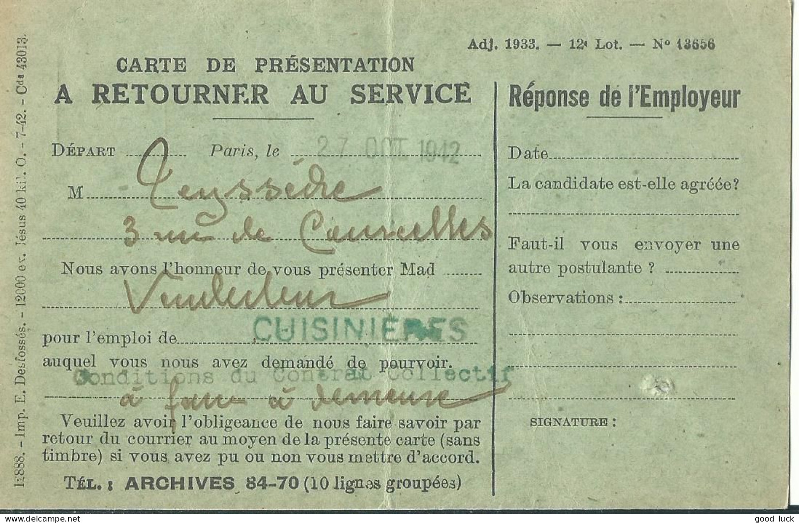 FRANCE CARTE REPONSE MINISTERE DU TRAVAIL POUR UNE CUISINIERE DE 1912 LETTRE COVER - Cartas Civiles En Franquicia