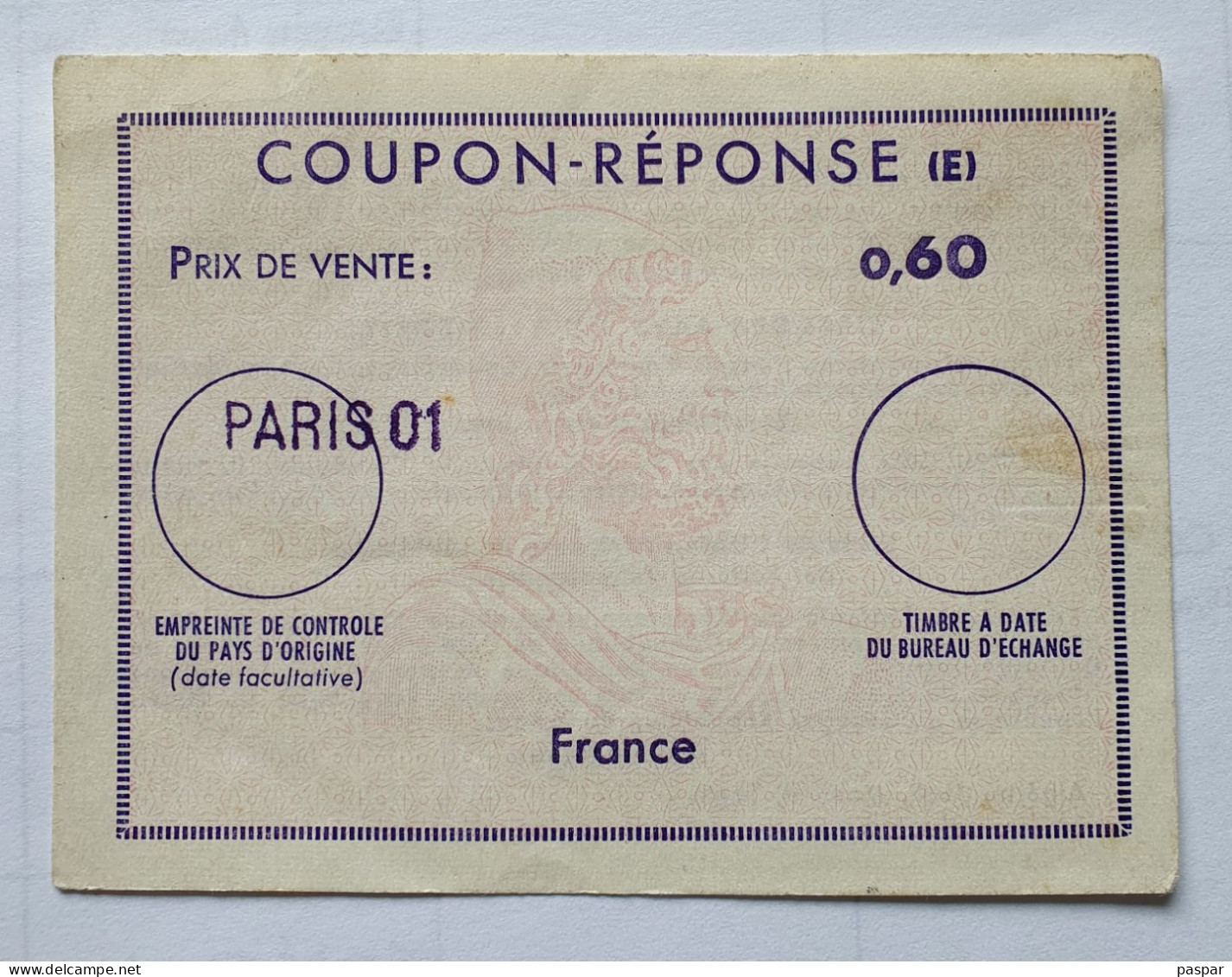 Coupon-réponse  France 0,60 F PARIS 01 - Coupons-réponse