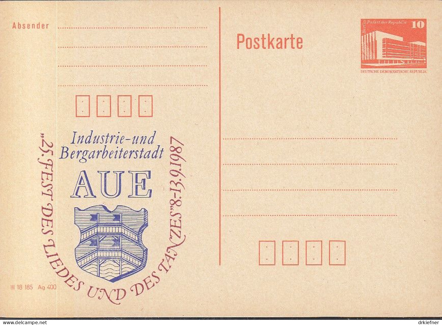 DDR PP 19 II, Ungebraucht, 25. Fest Des Liedes Und Des Tanzes, Aue, 1987 - Privatpostkarten - Ungebraucht