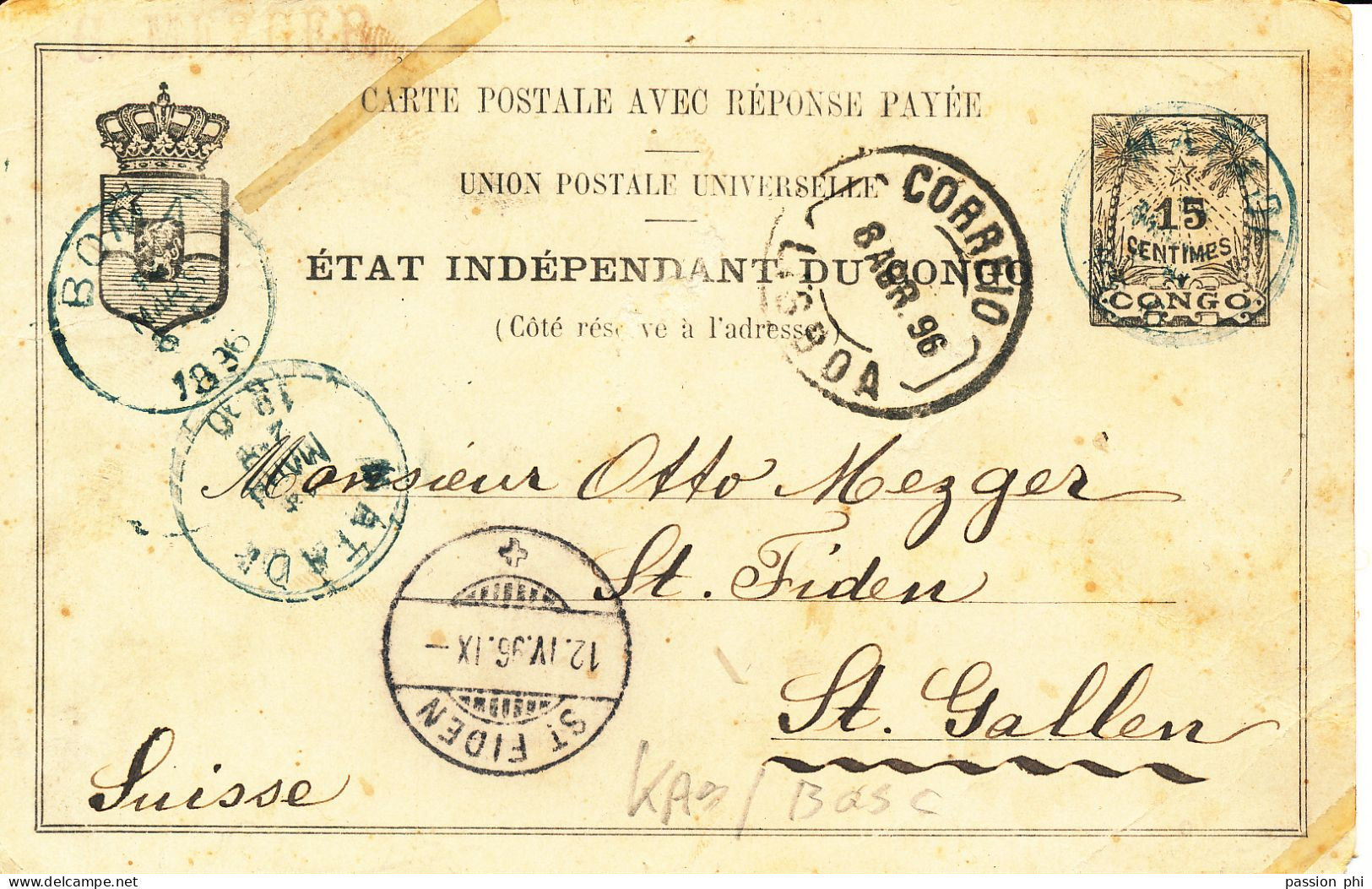 BELGIAN CONGO  PS SBEP 7b ANSWER USED FROM KENGE VIA MATADI  12.03.96 TO ST.GALLEN SWITZERLAND - Stamped Stationery