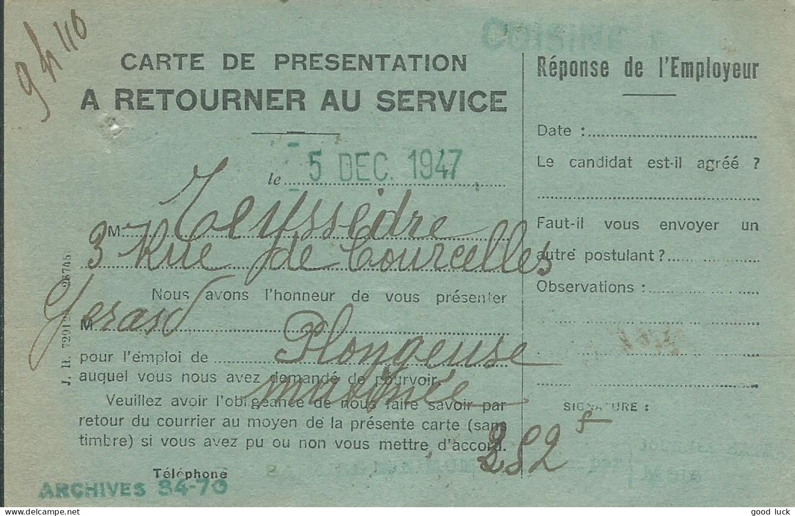 FRANCE CARTE REPONSE MINISTERE DU TRAVAIL POUR UNE PLONGEUSE DE 1947 LETTRE COVER - Lettres Civiles En Franchise