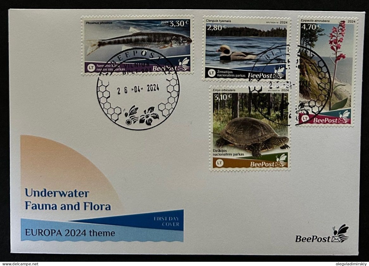 Lithuania 2024 Water Flora And Fauna Bird Turtle Fish Orchid Europa BeePost Set Of 4 Stamps FDC - Litauen
