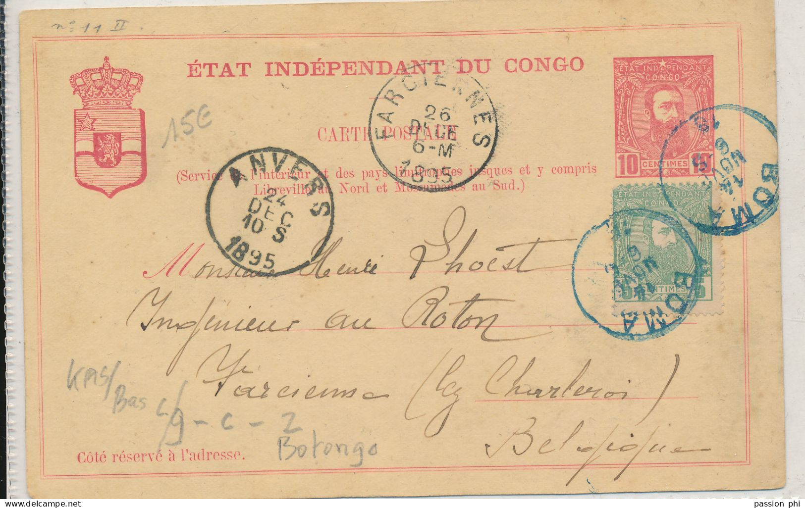 BELGIAN CONGO  PS SBEP 10b POSTE DE BOTONGO 29.08.95 TO BELGIUM - Stamped Stationery
