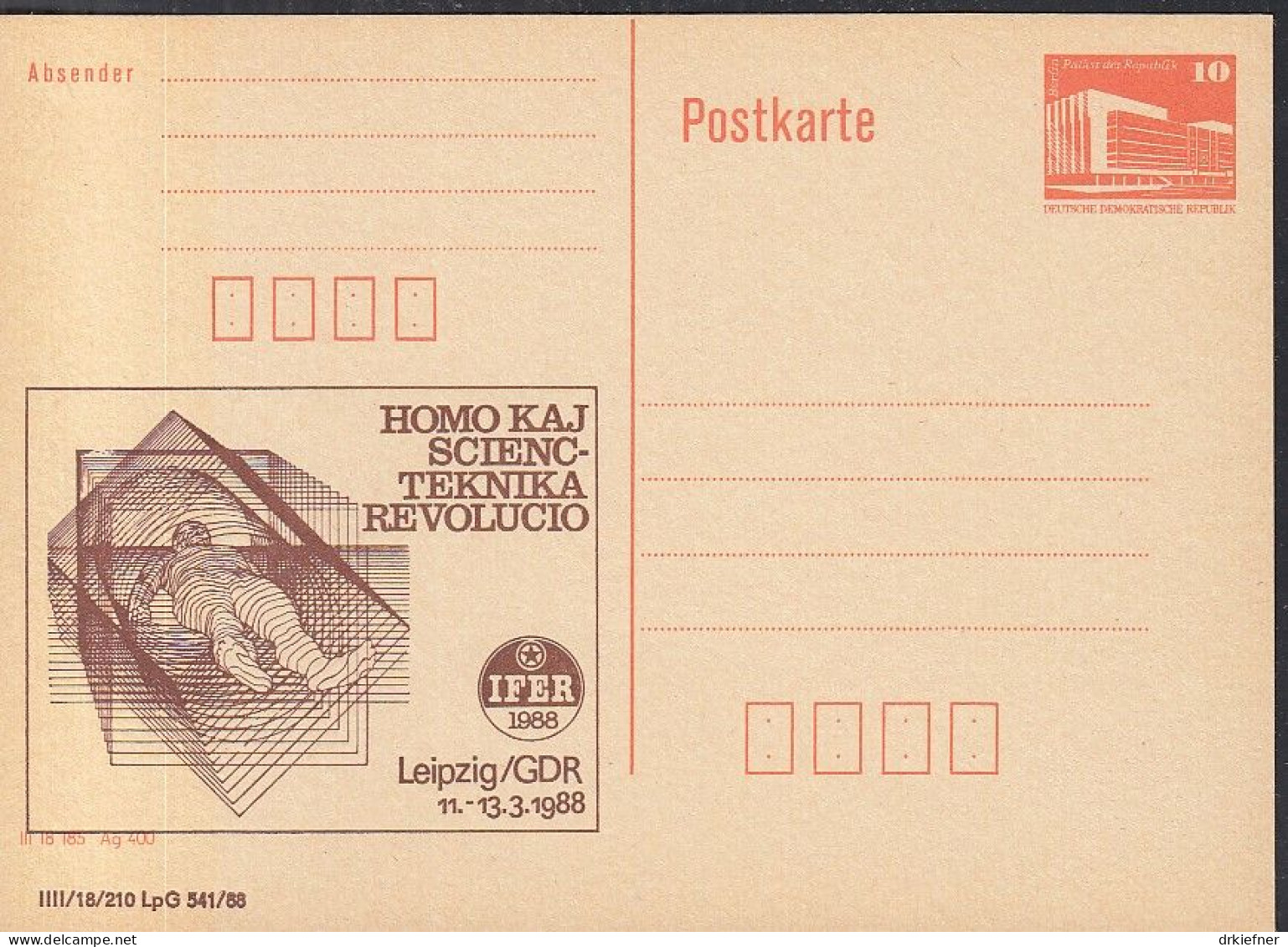 DDR PP 19 II, Ungebraucht, IFER '88, Leipzig, Esperanto, 1988 - Cartes Postales Privées - Neuves