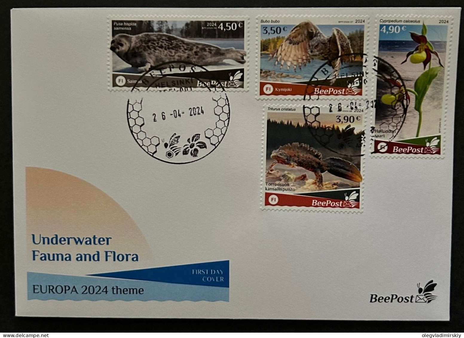 Finland 2024 Water Flora And Fauna Owl Seal Triton Orchid Europa BeePost Set Of 4 Stamps FDC - 2024