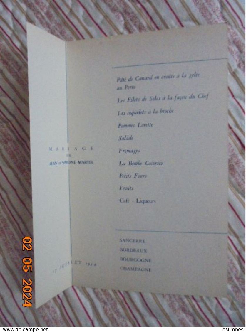 1954 Menu De Marriage - Rotisserie Du Coq Hardy, Chez Sam, Le Cuisinier Troubadour, Pontchartrain, Neauphle Le Chateau - Menus
