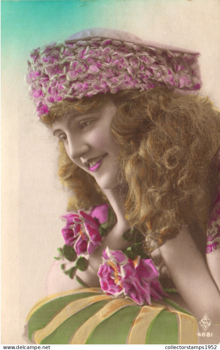 FANCY CARDS, WOMAN WITH HAT, FLOWER, PORTRAIT, BELGIUM, POSTCARD - Mujeres