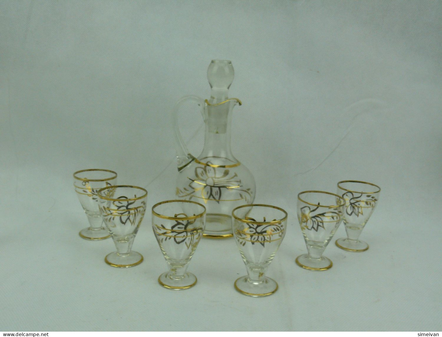 Vintage Gold Trim Glass Decanter Set With 6 Glasses #2341 - Glasses