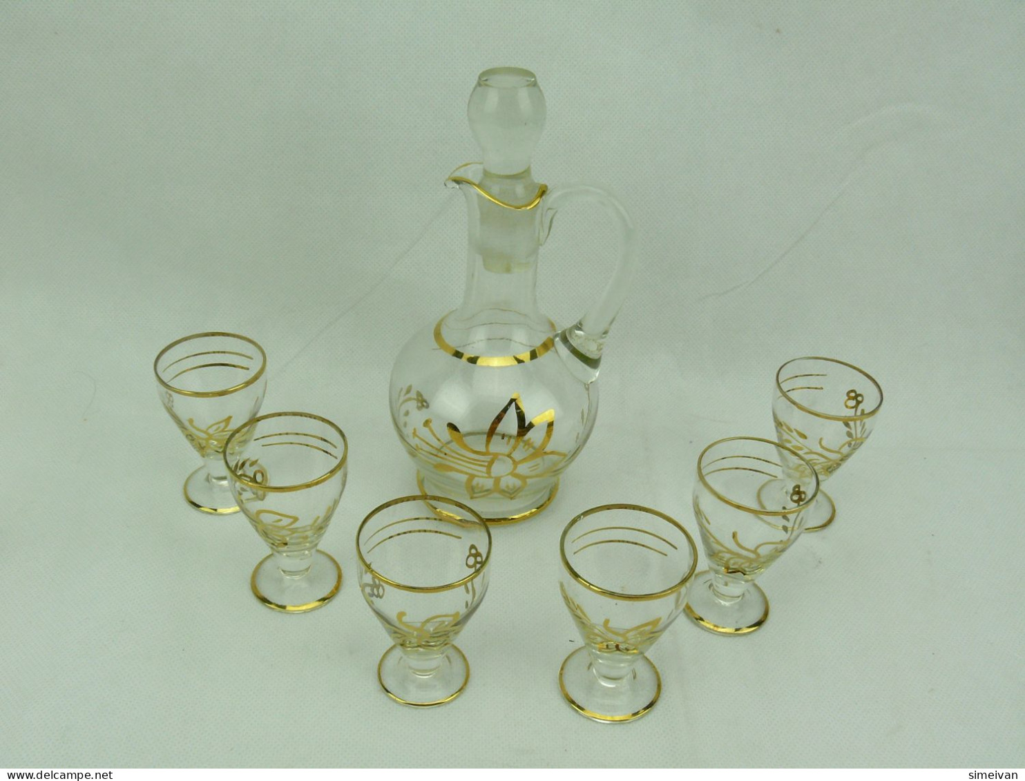 Vintage Gold Trim Glass Decanter Set With 6 Glasses #2341 - Bicchieri