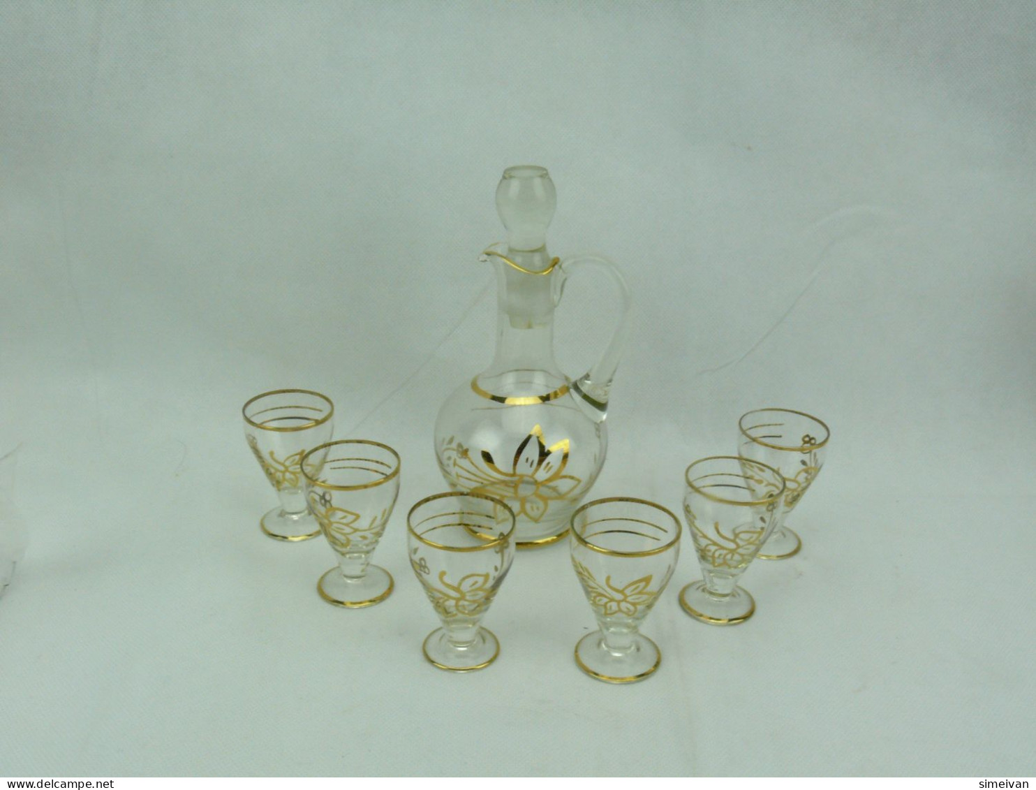 Vintage Gold Trim Glass Decanter Set With 6 Glasses #2341 - Vasos