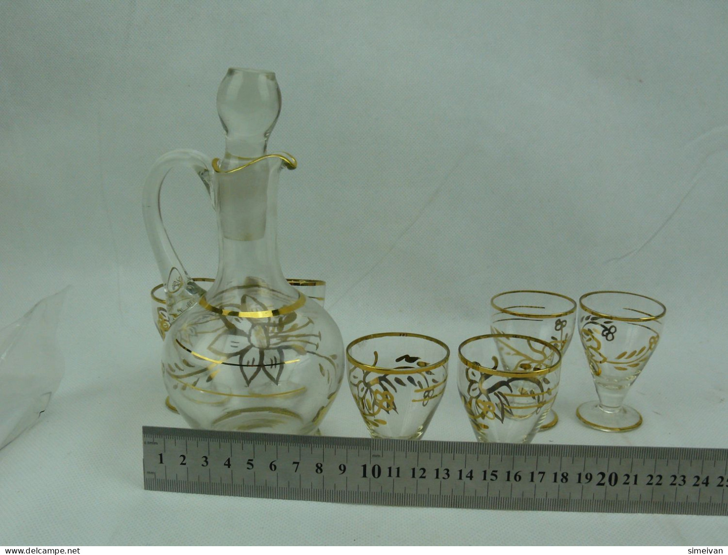 Vintage Gold Trim Glass Decanter Set With 6 Glasses #2341