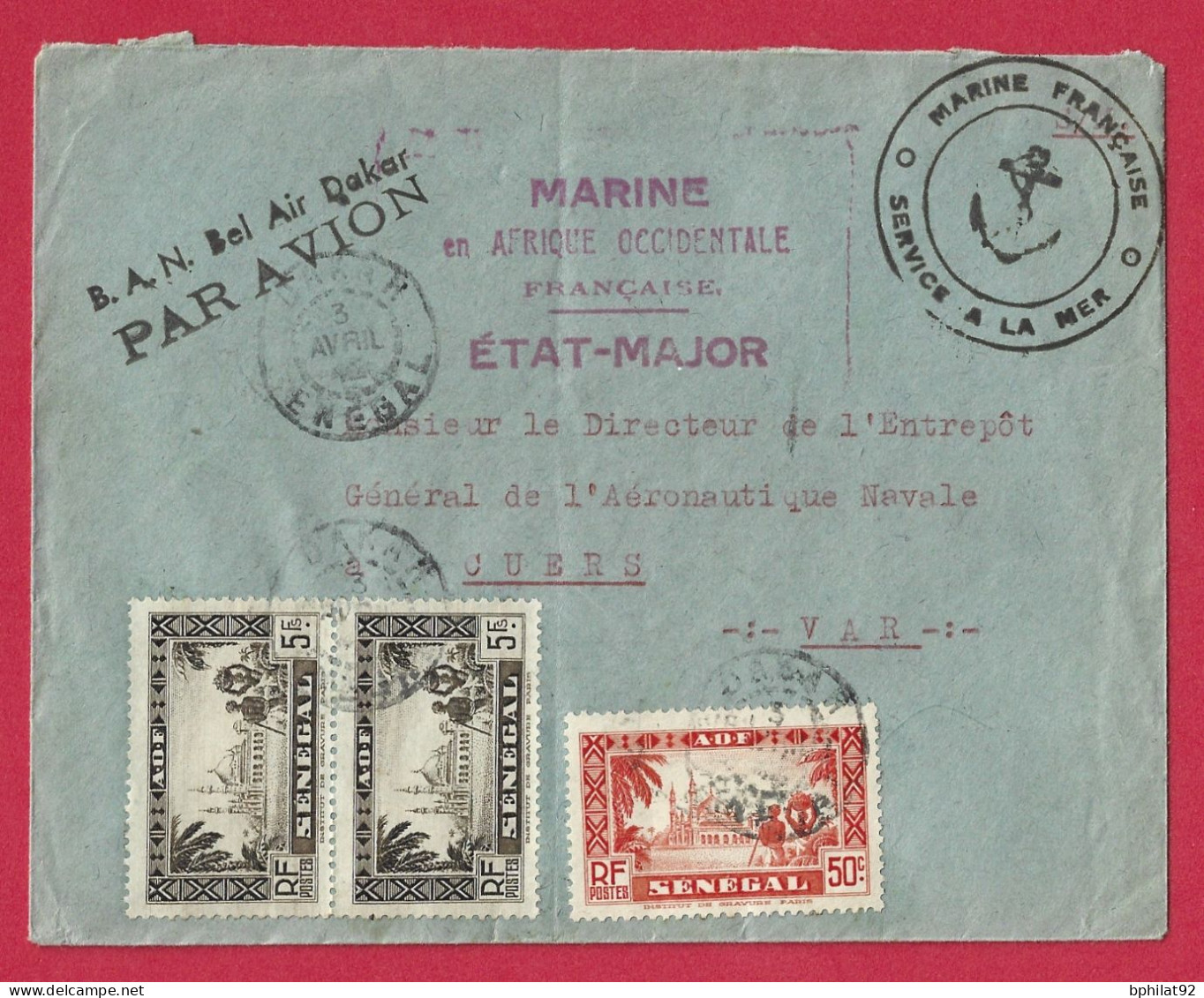 !!! LETTRE FM PAR AVION DE LA BASE AÉRONAVALE DE DAKAR POUR LA FRANCE DE 1942, CACHET ETAT-MAJOR DE LA MARINE EN AOF - Covers & Documents