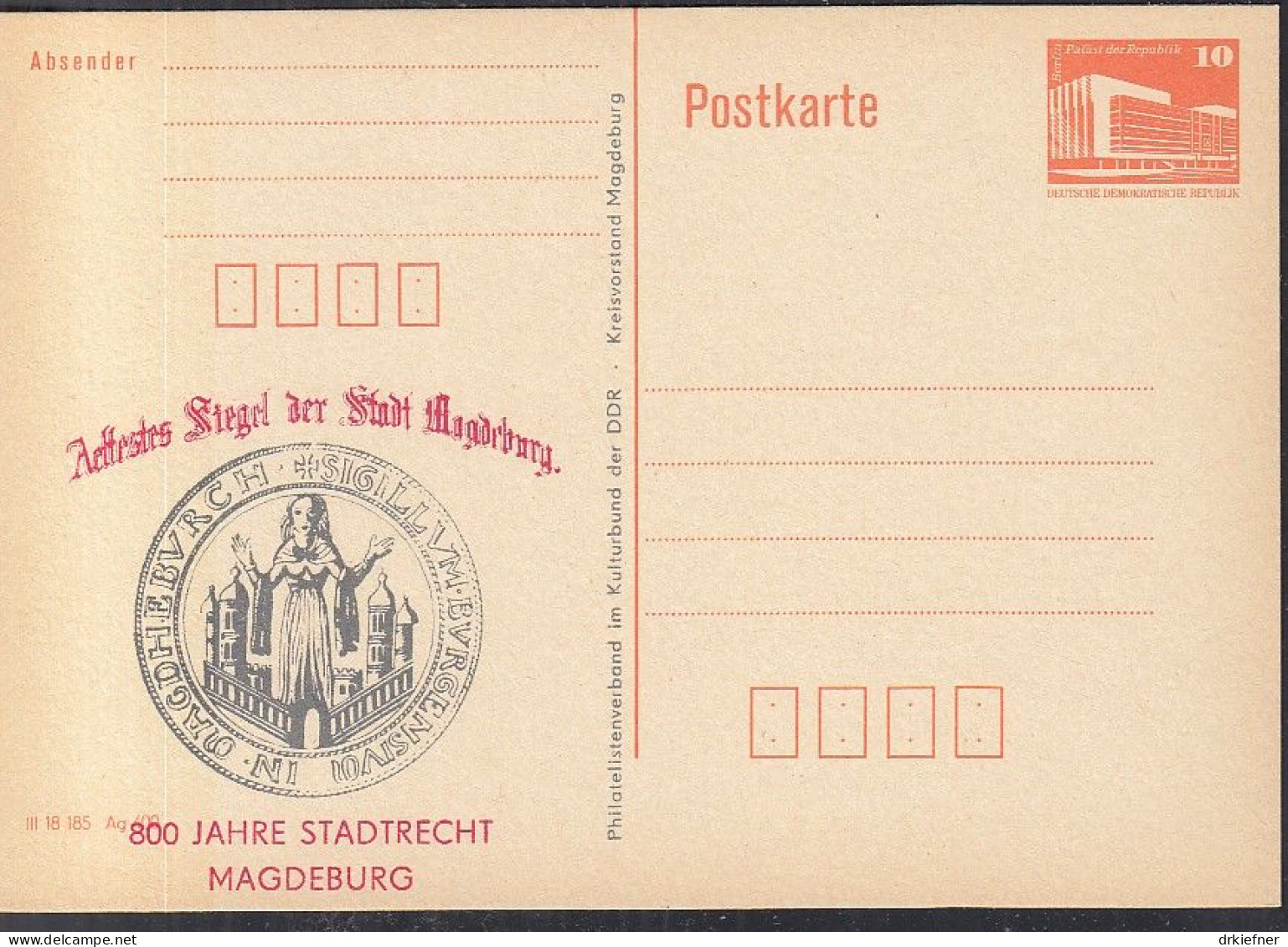 DDR PP 19 II, Ungebraucht, 800 Jahre Stadtrecht Magdeburg, 1988 - Privé Postkaarten - Ongebruikt