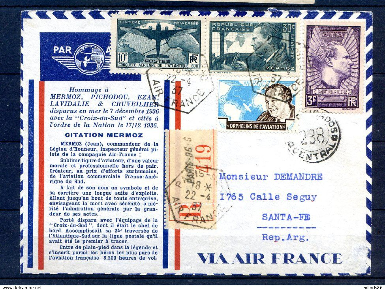 060524   SUPERBE LETTRE 1937  FRANCE ARGENTINE  QUADRICOLORE - 1927-1959 Brieven & Documenten