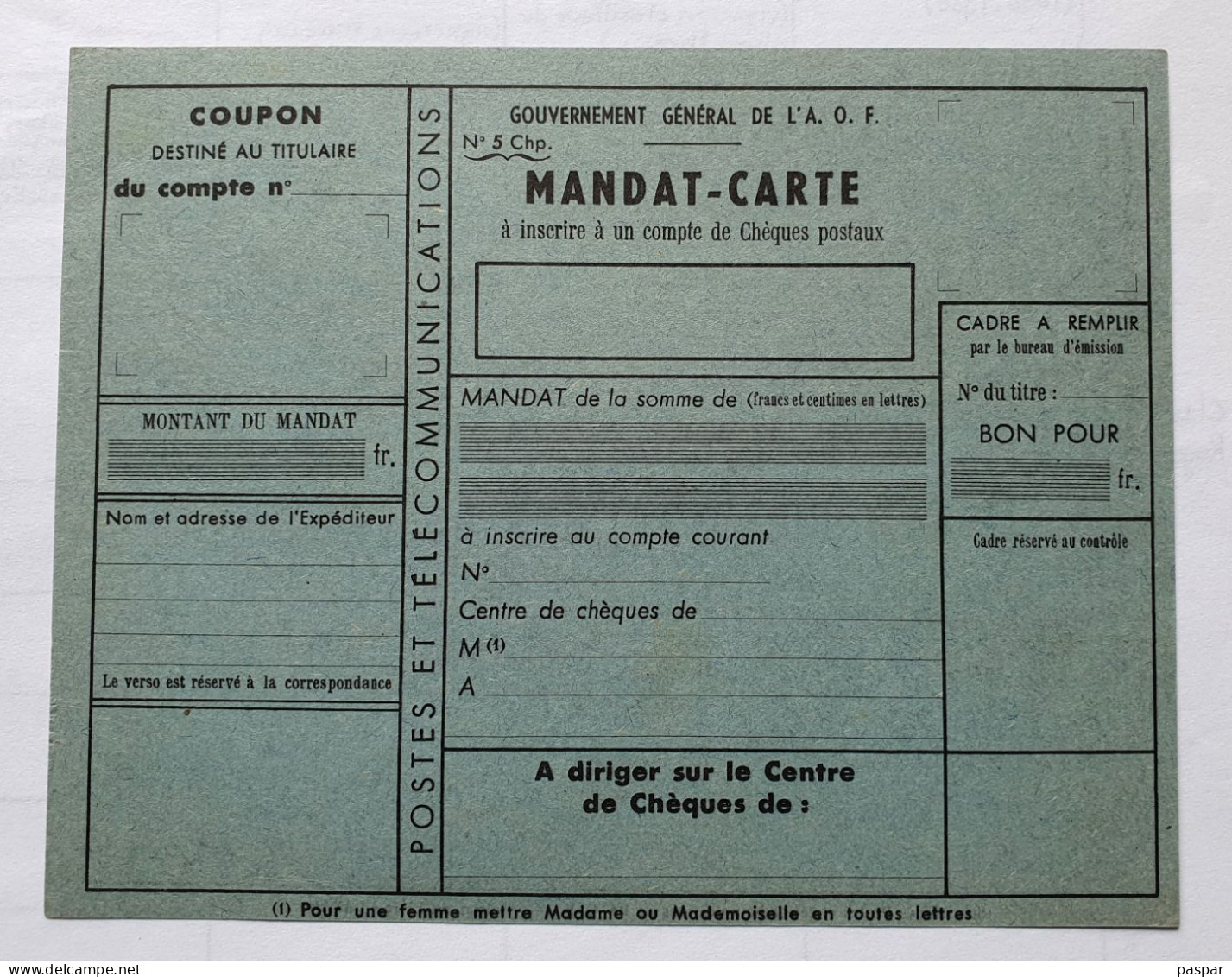 Mandat-Carte Gouvernement Général De L'AOF - Lettres & Documents