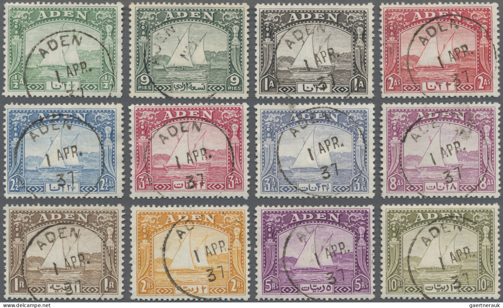 Aden: 1937 'Dhows' Complete Set Of 12, All Except 9p. (other Date) Used With "AD - Yémen