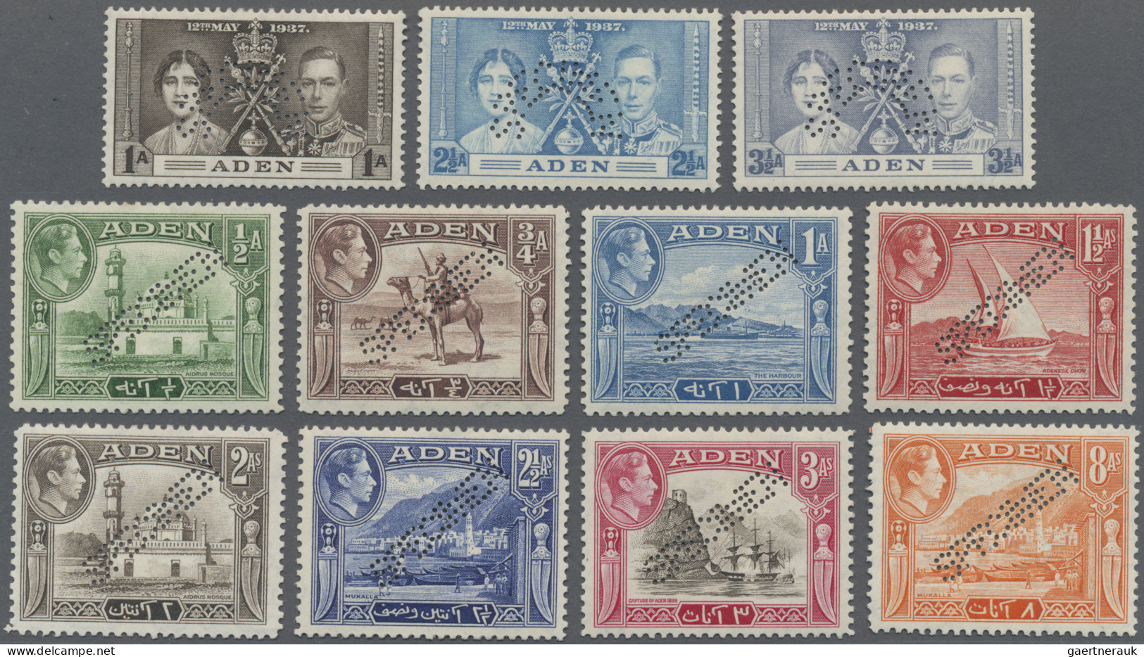 Aden: 1937/1946 Complete Sets Of First Four Issues (30 Stamps) All Punctured "SP - Yémen