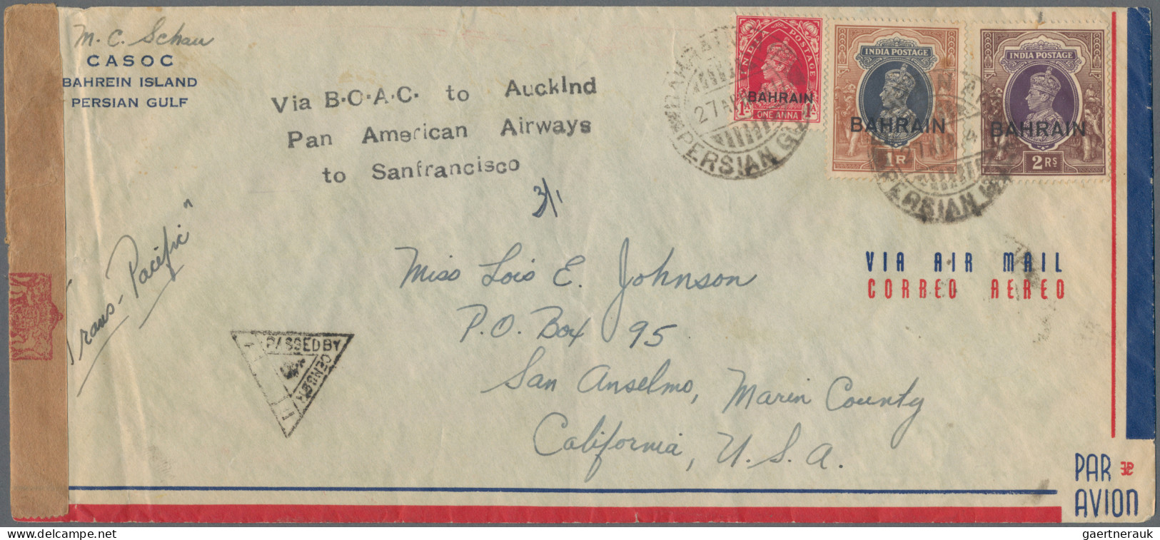 Bahrain: 1941 Censored Airmail Envelope Used From Bahrain To San Anselmo, Cal., - Bahrain (1965-...)